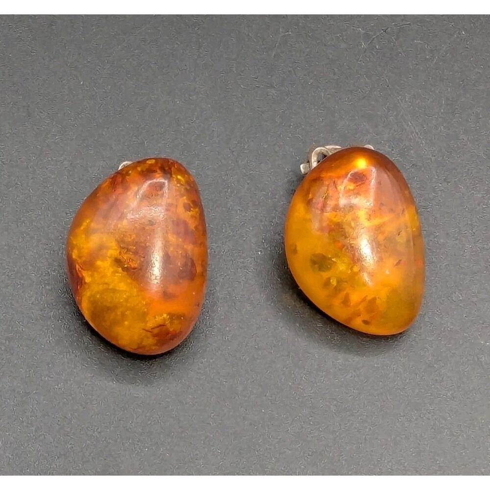 Vintage Sterling Silver Baltic Amber Clip On Earrings Cabochon Fluorescent TSE